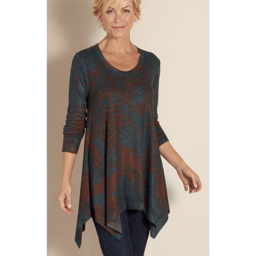 Soft Surroundings Renaissance Tunic Top Medium Teal Brown Floral Asymmetric Hem